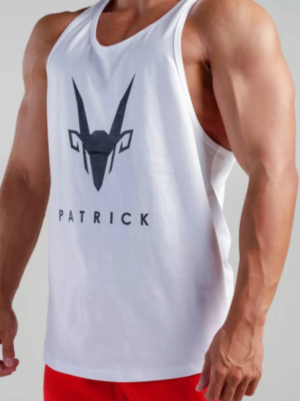 White performance tank top with black graphic logo and text