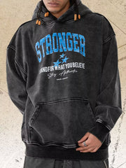 Faded charcoal cotton hoodie with blue "STRONGER" graphic and motivational text.