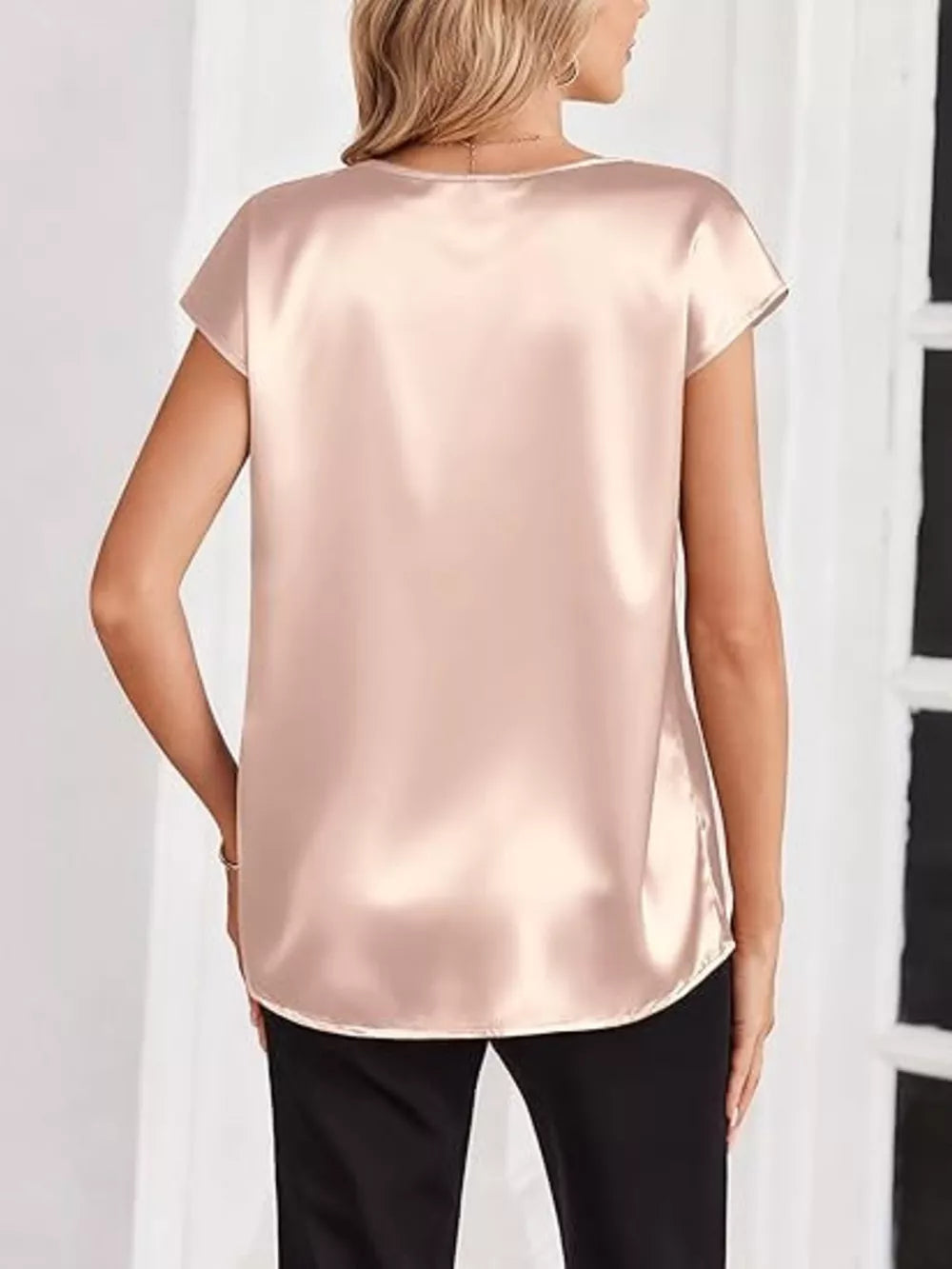 Champagne satin V-neck maternity shirt with short sleeves, shown from the back.