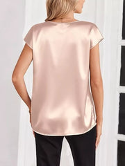 Champagne satin V-neck maternity shirt with short sleeves, shown from the back.