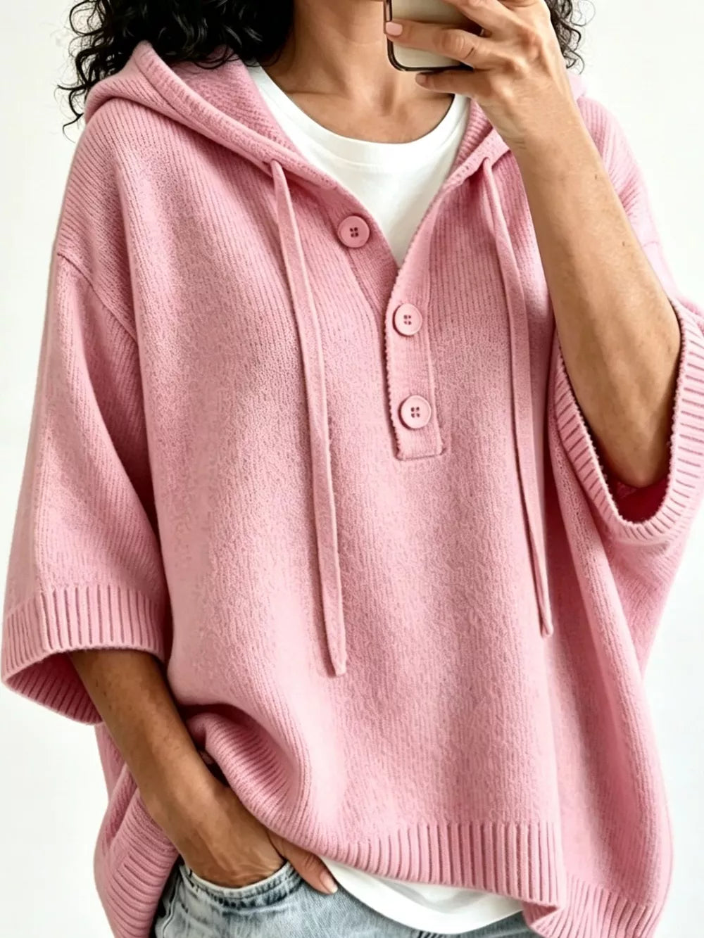 Striped Hooded Sweater With Button Detail in Blue, view 16