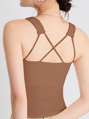 Caramel crop tank with crisscross strap detail on back