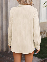 Textured pleat oversized button-down shirt in tan with a relaxed fit and button cuffs.