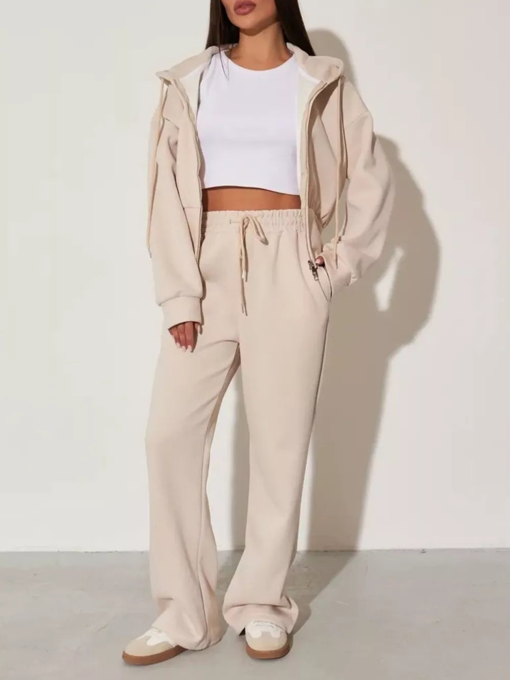 Zip-up Hoodie And Wide-leg Pants Set in Pink, alternate angle