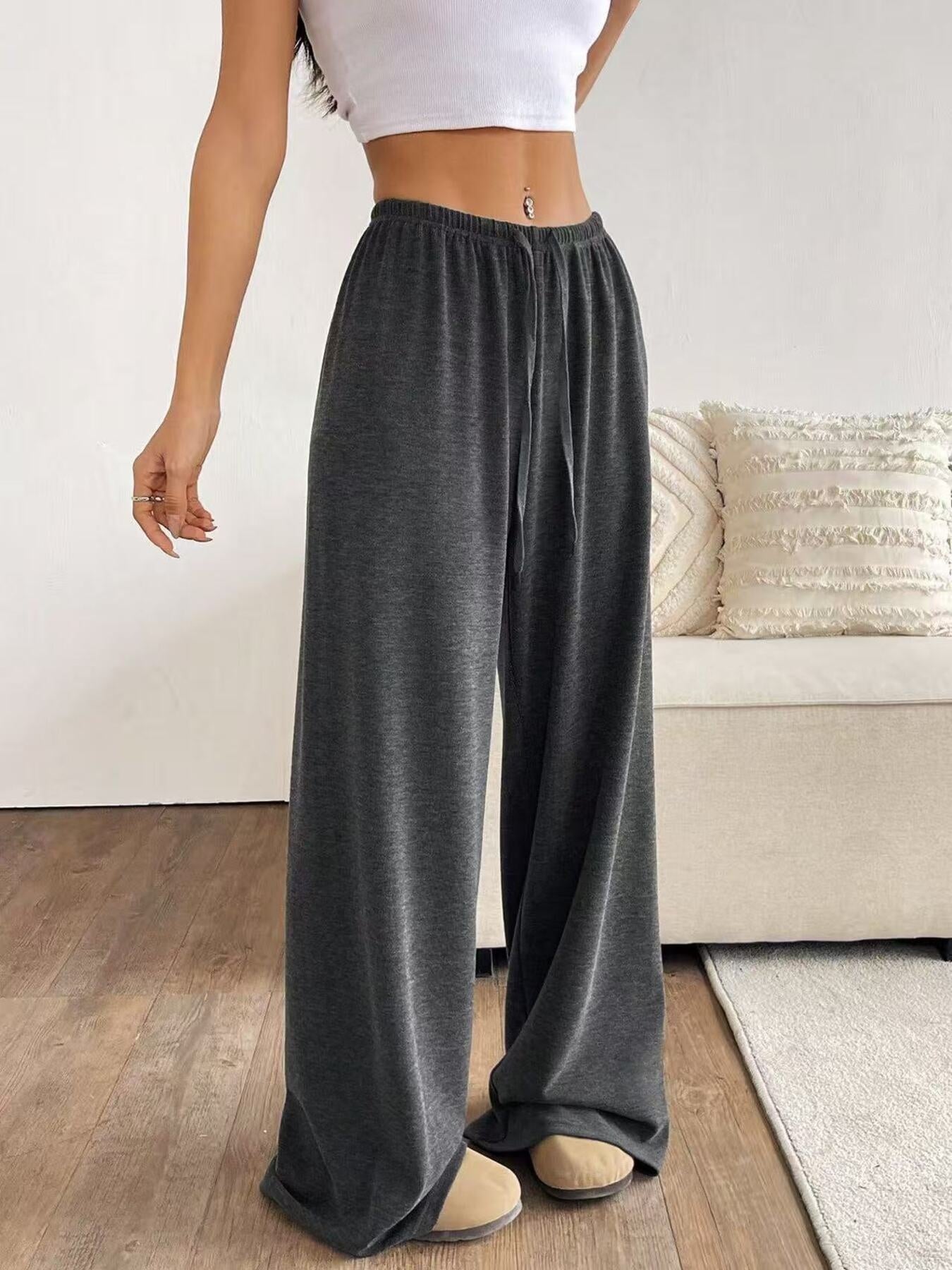 Dark gray casual wide-leg drawstring maternity pants with a relaxed fit.