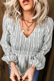Stripe V Neck Shirred Long Sleeve Blouse in Light Blue, close-up detail