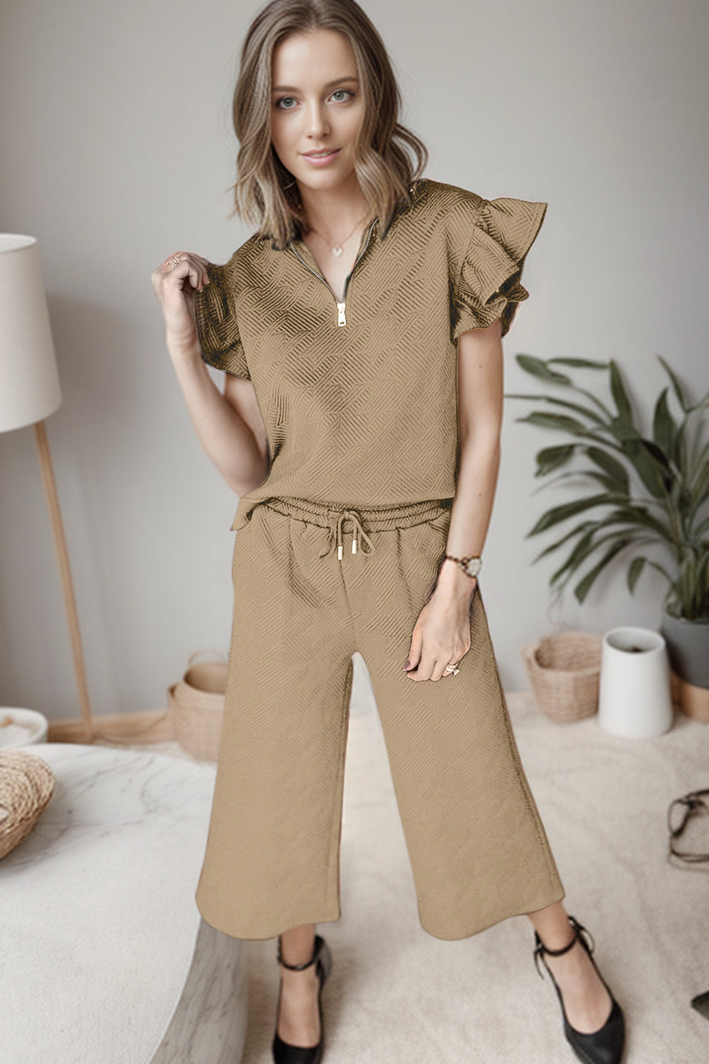 Camel textured zip-up loungewear set with ruffle sleeves and drawstring pants