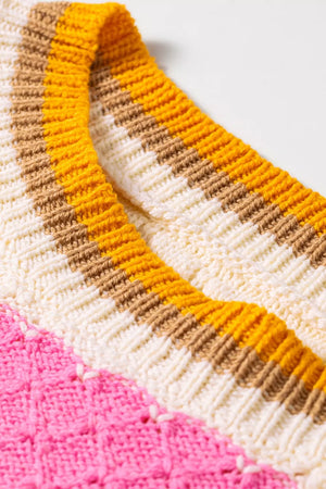 Striped Colorblock Drop Shoulder Sweater in Hot Pink, product detail
