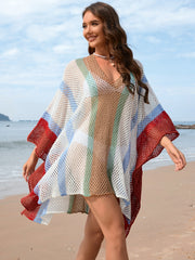 Striped mesh kimono cover-up with V-neck and wide sleeves, featuring white, khaki, blue, and red stripes.