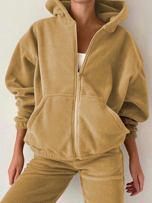 Tan fleece zip-up hoodie with front pockets and matching jogger pants.