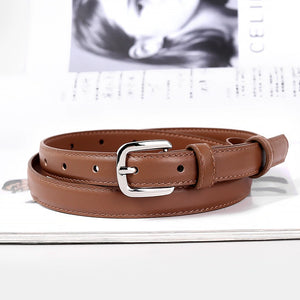 Brown cowhide leather skinny belt with silver buckle