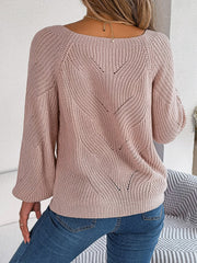 Blush pink acrylic knit sweater with square neckline and open knit pattern.