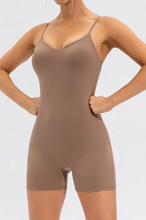 Sculpted bodysuit romper in khaki with spaghetti straps and a V-neckline.