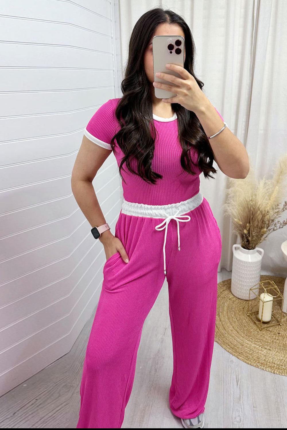 Hot pink ribbed lounge set with contrast trim top and drawstring pants