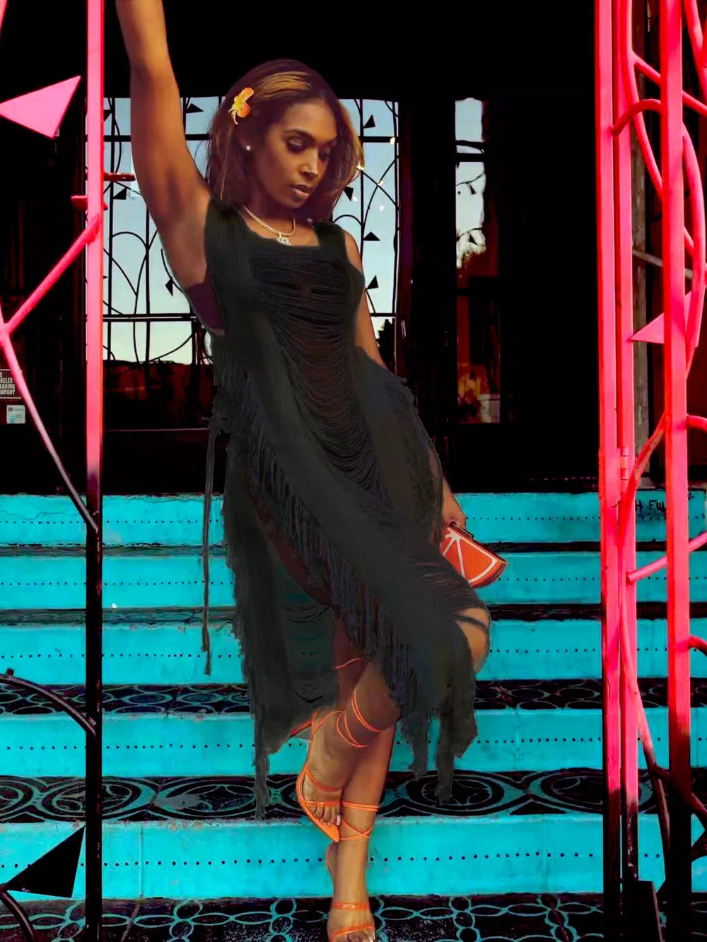Black distressed fringe square neck midi dress with avant-garde details.