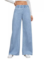 Light blue high-waisted wide leg jeans with elastic waistband and full length.