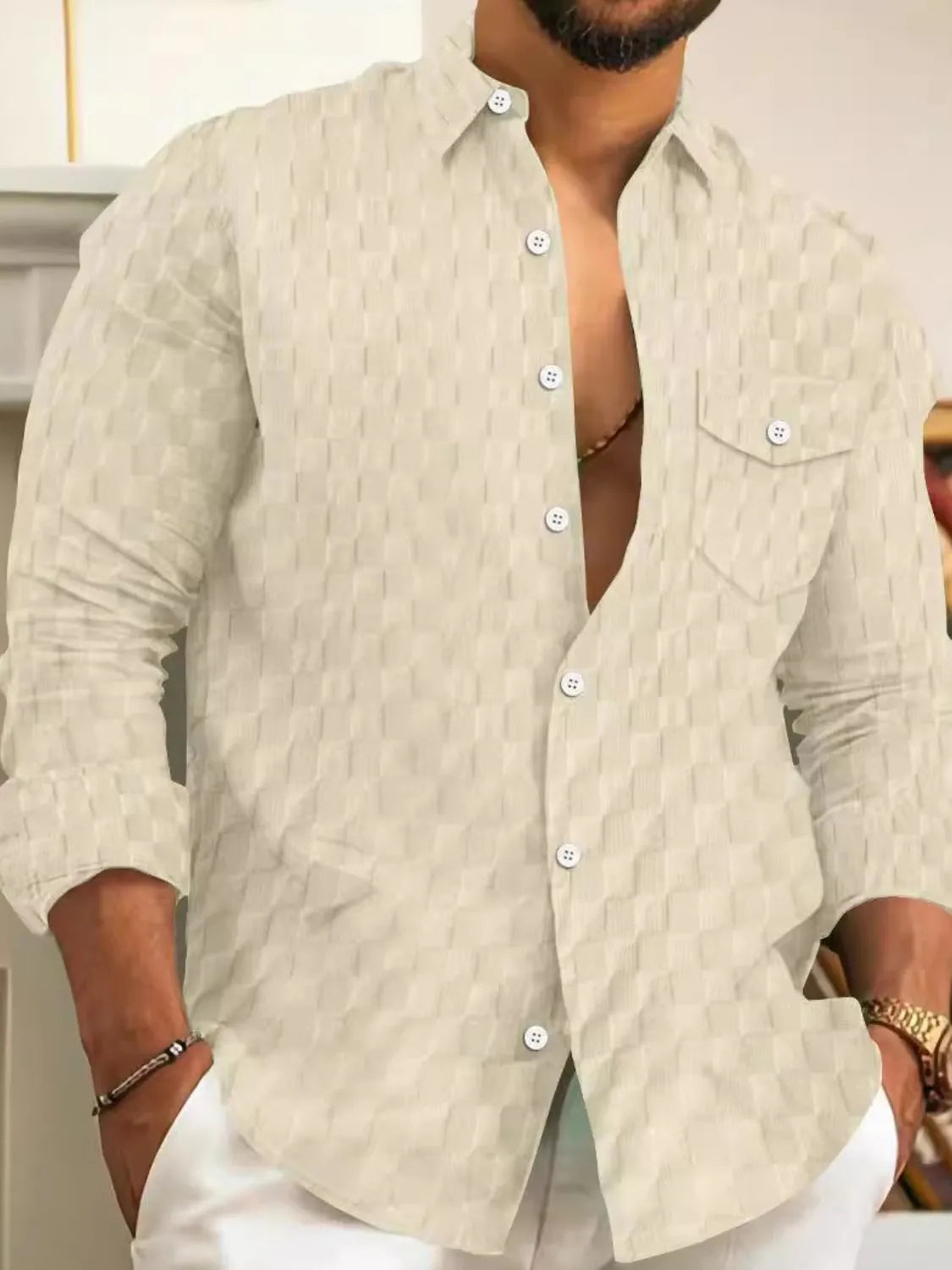 Textured cotton button-up shirt in Khaki with a subtle geometric pattern and two chest pockets.