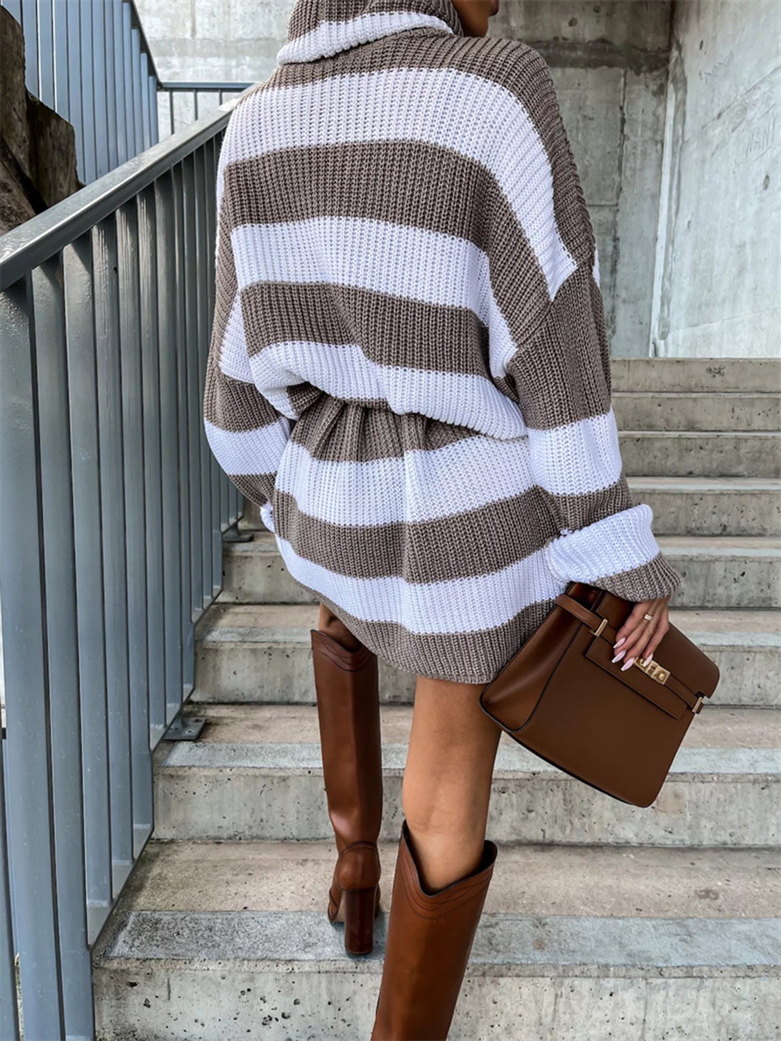 Oversized mocha and white stripe knit mini dress with cowl neck and cinched waist.