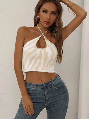 Zebra-striped halter knit cami in khakis with a keyhole cutout neckline.