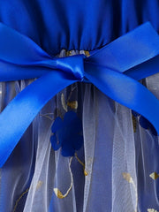 Blue toddler dress with white mesh overlay, floral embroidery, and a satin bow detail.