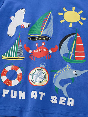 Blue cotton baby tee with nautical graphics and text FUN AT SEA
