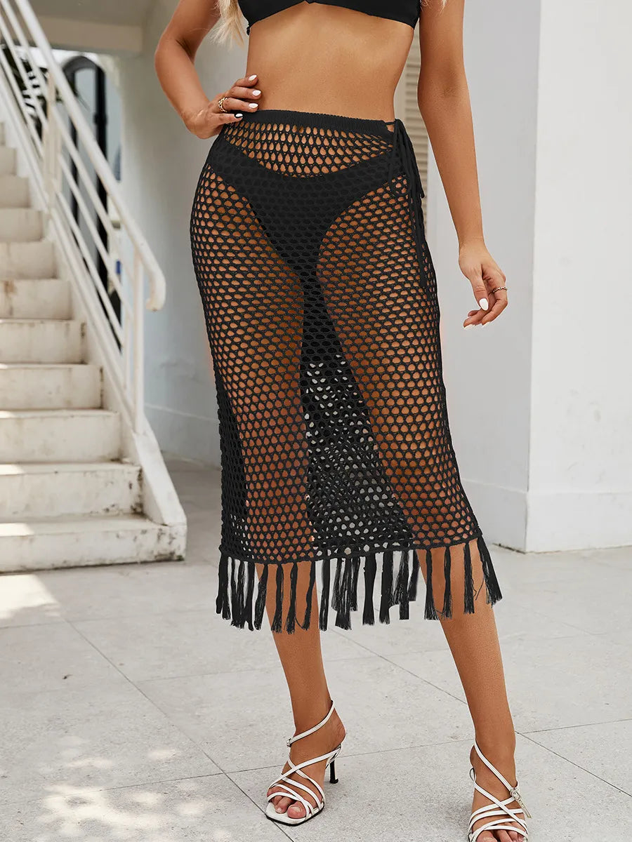 Sheer Crochet Knit Swim Cover-up Skirt With Fringe in White, fit detail
