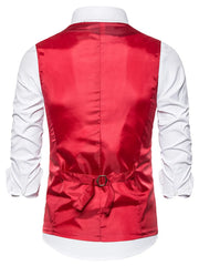 Men's red satin vest with adjustable back strap, worn over white shirt.
