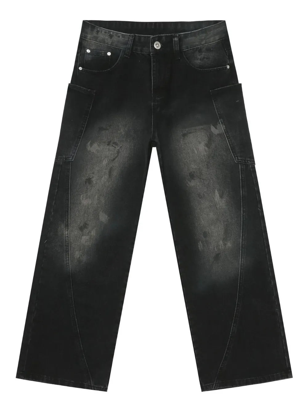 Dark wash wide leg denim jeans with faded details and cargo pockets.