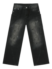Dark wash wide leg denim jeans with faded details and cargo pockets.