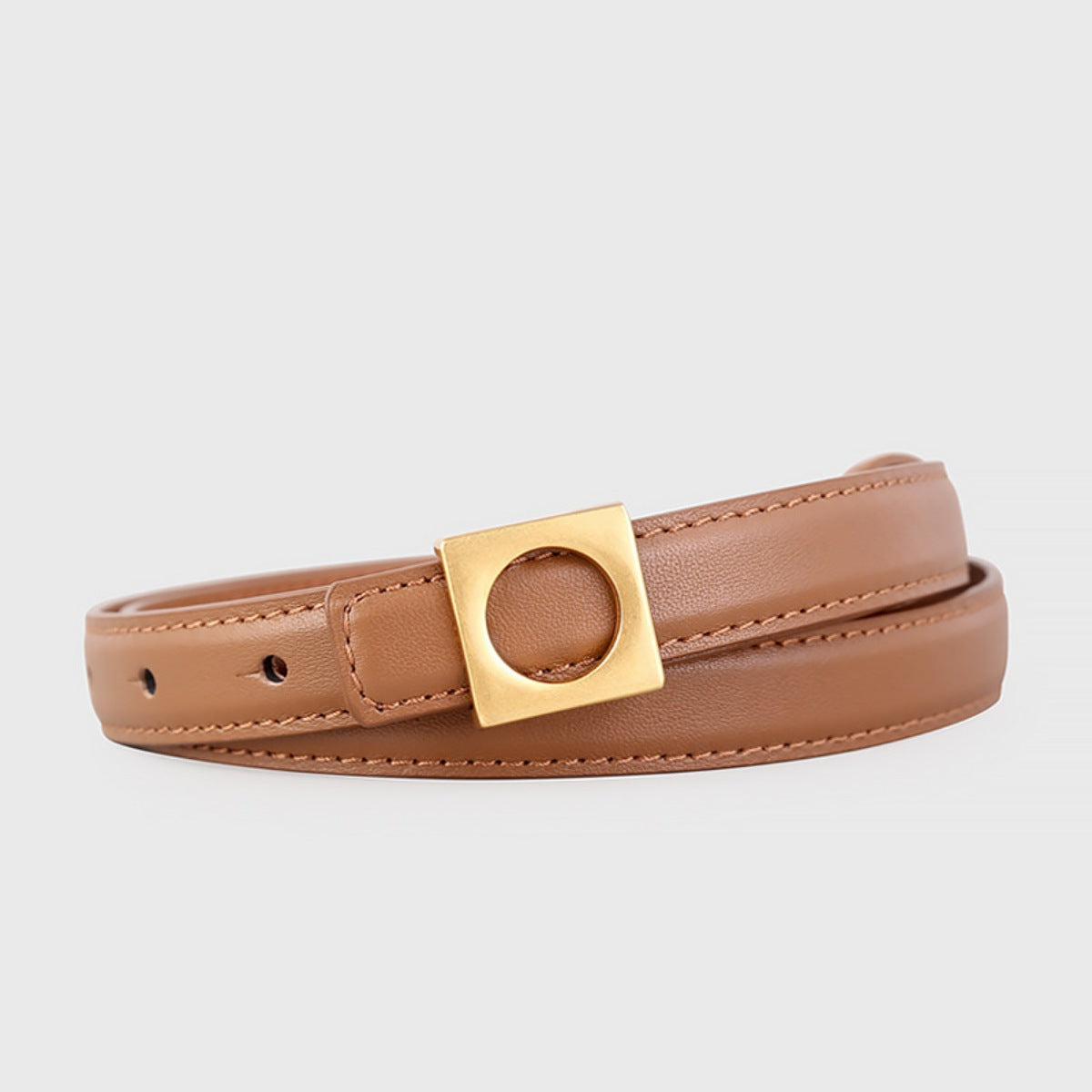 Skinny brown cowhide leather belt with gold square buckle