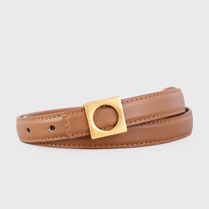 Skinny brown cowhide leather belt with gold square buckle