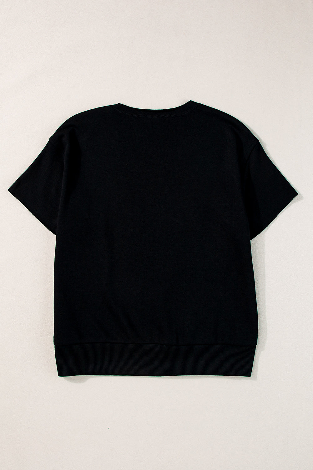 Black short sleeve sweatshirt with ribbed hem and crew neck