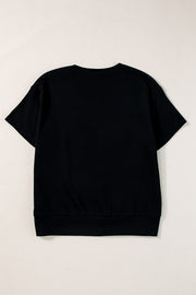 Black short sleeve sweatshirt with ribbed hem and crew neck