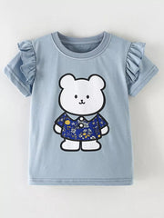 Light blue cotton t-shirt with ruffled sleeves and a playful white bear graphic wearing a floral shirt.