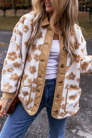 White floral sherpa jacket with corduroy trim and button front.