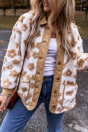 White floral sherpa jacket with corduroy trim and button front.