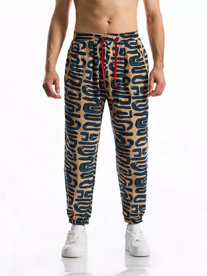 Men's Full Size Printed Drawstring Casual Pants in Chocolate, editorial view
