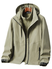 Khaki hooded zip jacket with fleece inner layer and black zipper details.