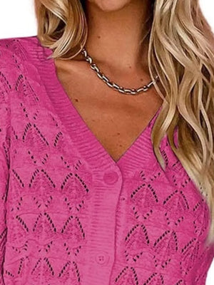 V-neck Openwork Button-down Knit Cardigan in White, view 14