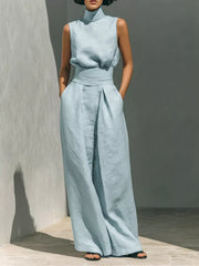 Sleeveless Wide-leg Jumpsuit With Smocked Waist in Apricot, back view