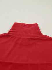 Deep red sheer mesh patchwork maternity top with high neck and long sleeves.