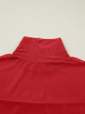 Deep red sheer mesh patchwork maternity top with high neck and long sleeves.