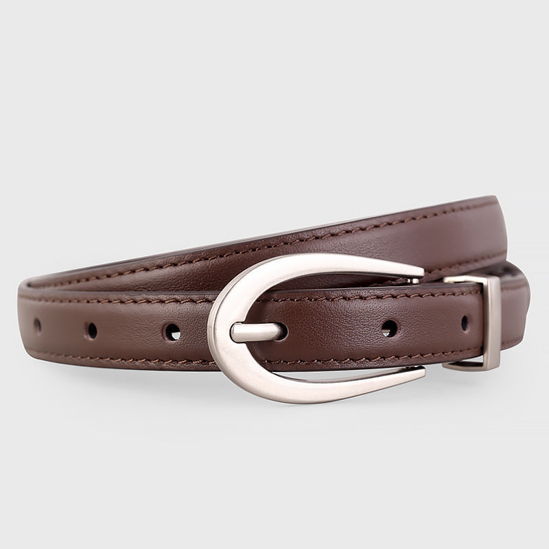 Premium cowhide leather skinny belt in brown with silver buckle
