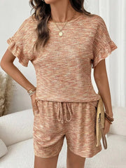 Orange-red ruffled sleeve two-piece set with drawstring shorts.