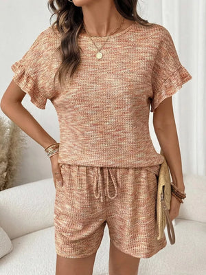 Orange-red ruffled sleeve two-piece set with drawstring shorts.