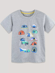 Grey cotton t-shirt for kids with a colorful camping graphic featuring tents and a vehicle.