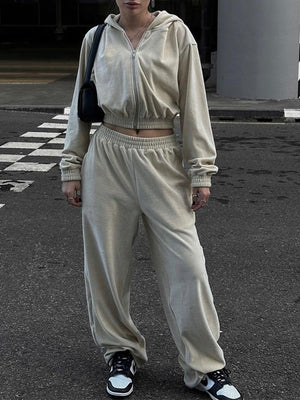 Apricot cropped zip hoodie and wide leg sweatpants set