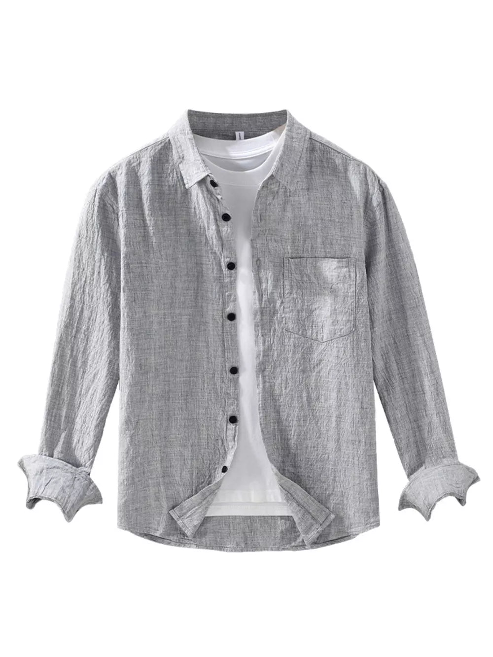 Grey linen textured long sleeve button-up shirt with chest pocket and rolled cuffs.