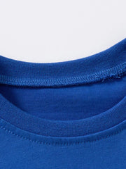 Toddler blue t-shirt with crew neck and contrast stitching detail.