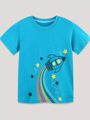 Blue cotton t-shirt with a playful rocket graphic and rainbow trail, perfect for toddlers.